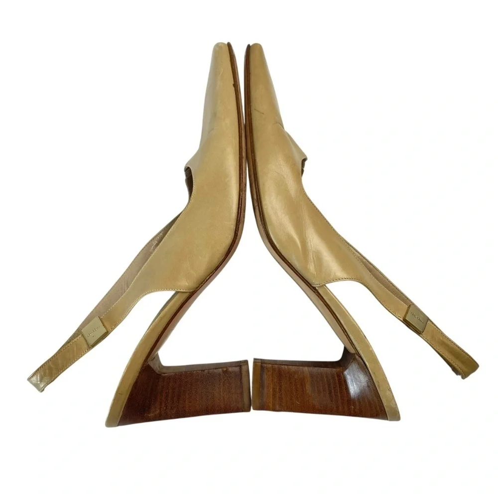 MAX MARA - Slingback Leather Sandals Block Heel Beige Size 38.5